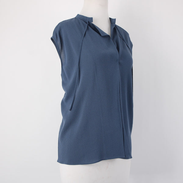 Vince Top Sz M Blue Collared V Neck Unlined 100% Silk Top