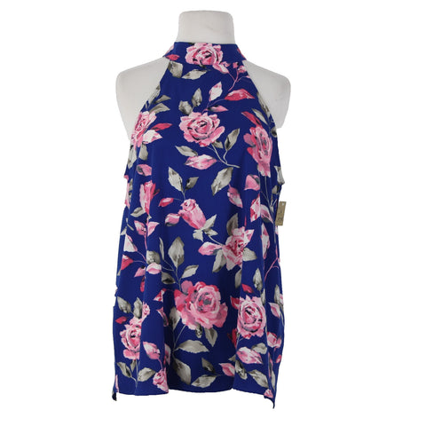 FSL Apparel NEW $35 Sz M Blue Pink Gray Floral High Neck 100% Polyester Top