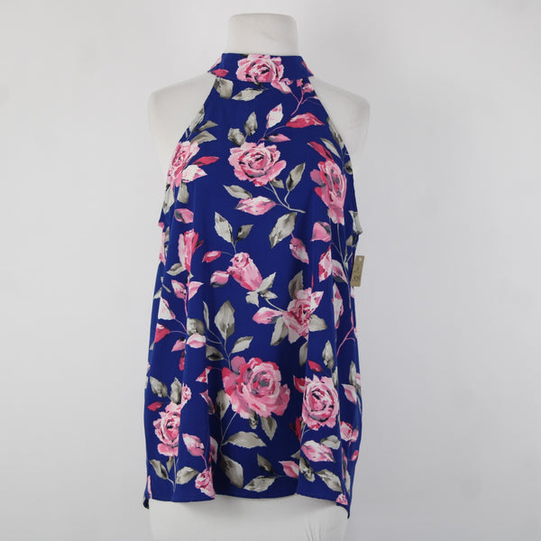 FSL Apparel NEW $35 Sz M Blue Pink Gray Floral High Neck 100% Polyester Top