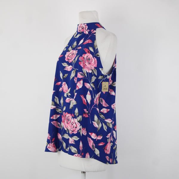 FSL Apparel NEW $35 Sz M Blue Pink Gray Floral High Neck 100% Polyester Top