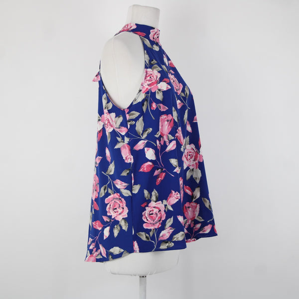 FSL Apparel NEW $35 Sz M Blue Pink Gray Floral High Neck 100% Polyester Top