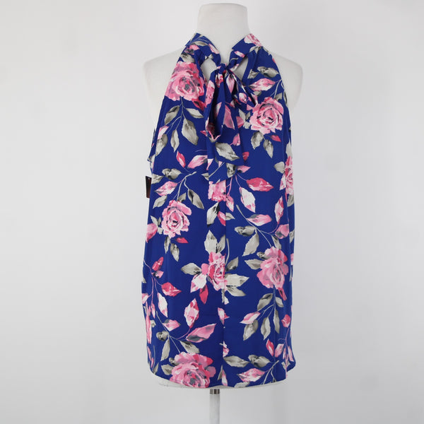FSL Apparel NEW $35 Sz M Blue Pink Gray Floral High Neck 100% Polyester Top