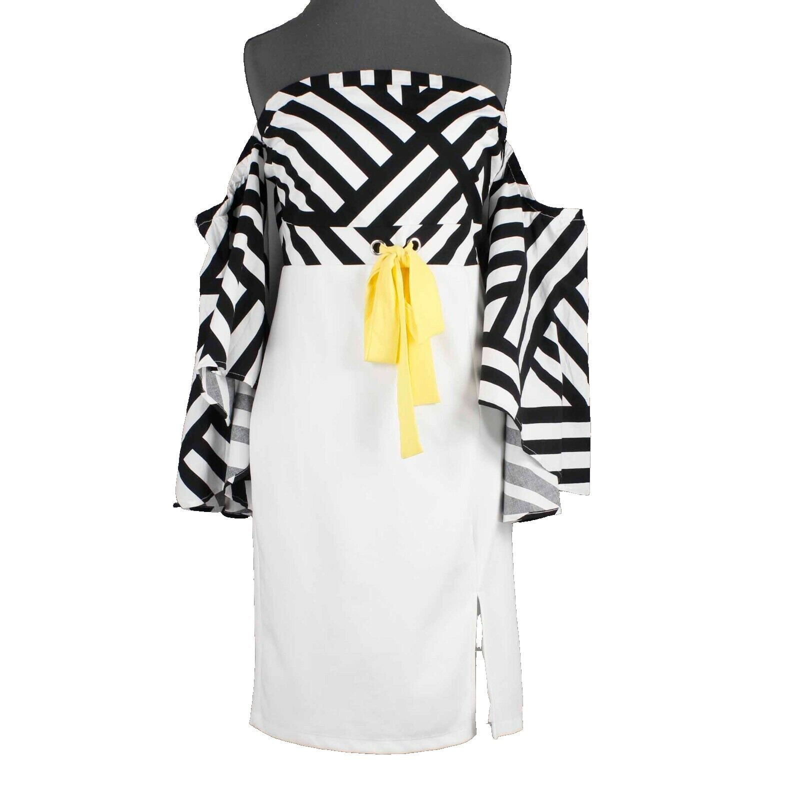 Venus Sz 8 White Black Yellow Off Shoulder Polyester Spandex Bodycon Dress