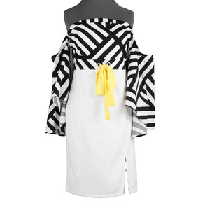 Venus Sz 8 White Black Yellow Off Shoulder Polyester Spandex Bodycon Dress