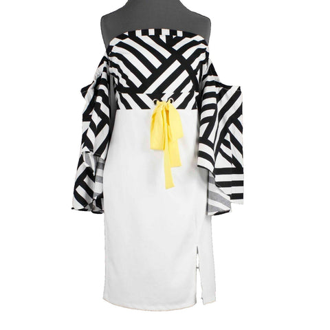 Venus Sz 8 White Black Yellow Off Shoulder Polyester Spandex Bodycon Dress