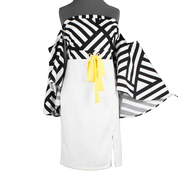 Venus Sz 8 White Black Yellow Off Shoulder Polyester Spandex Bodycon Dress