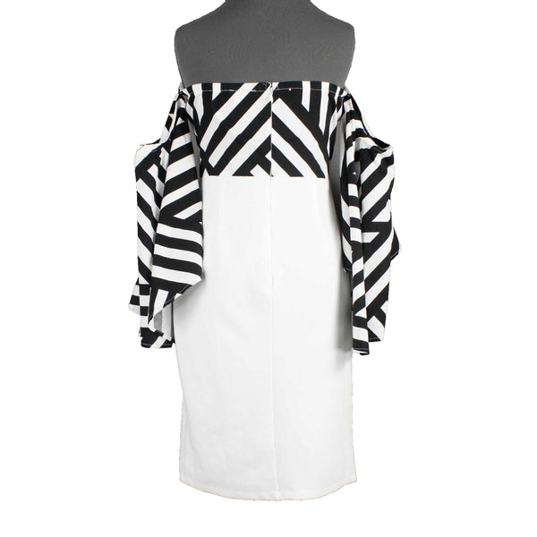 Venus Sz 8 White Black Yellow Off Shoulder Polyester Spandex Bodycon Dress