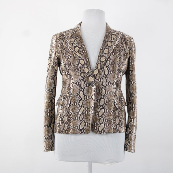 Michael Kors Sz 14 Brown White Retile Print Collared Pockets Lined Cotton Jacket