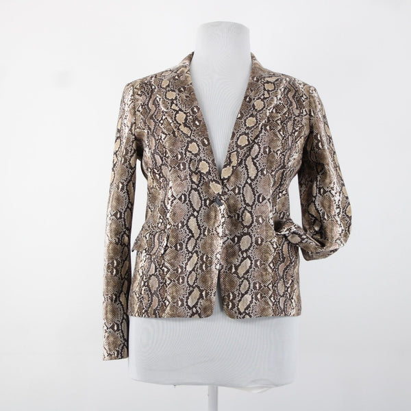 Michael Kors Sz 14 Brown White Retile Print Collared Pockets Lined Cotton Jacket