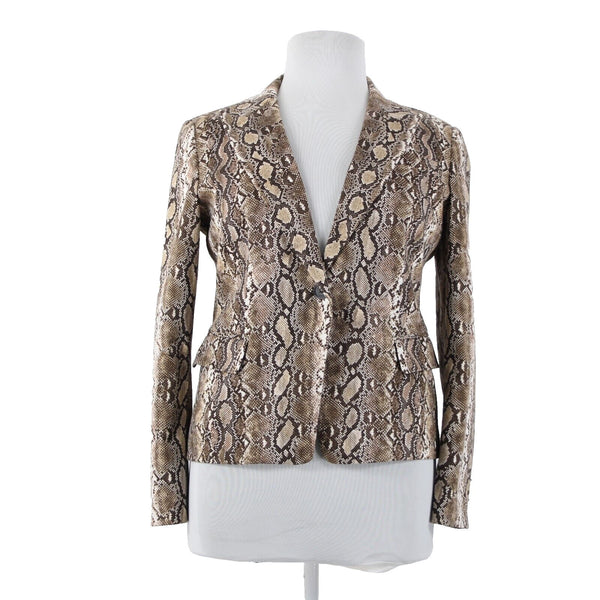 Michael Kors Sz 14 Brown White Retile Print Collared Pockets Lined Cotton Jacket