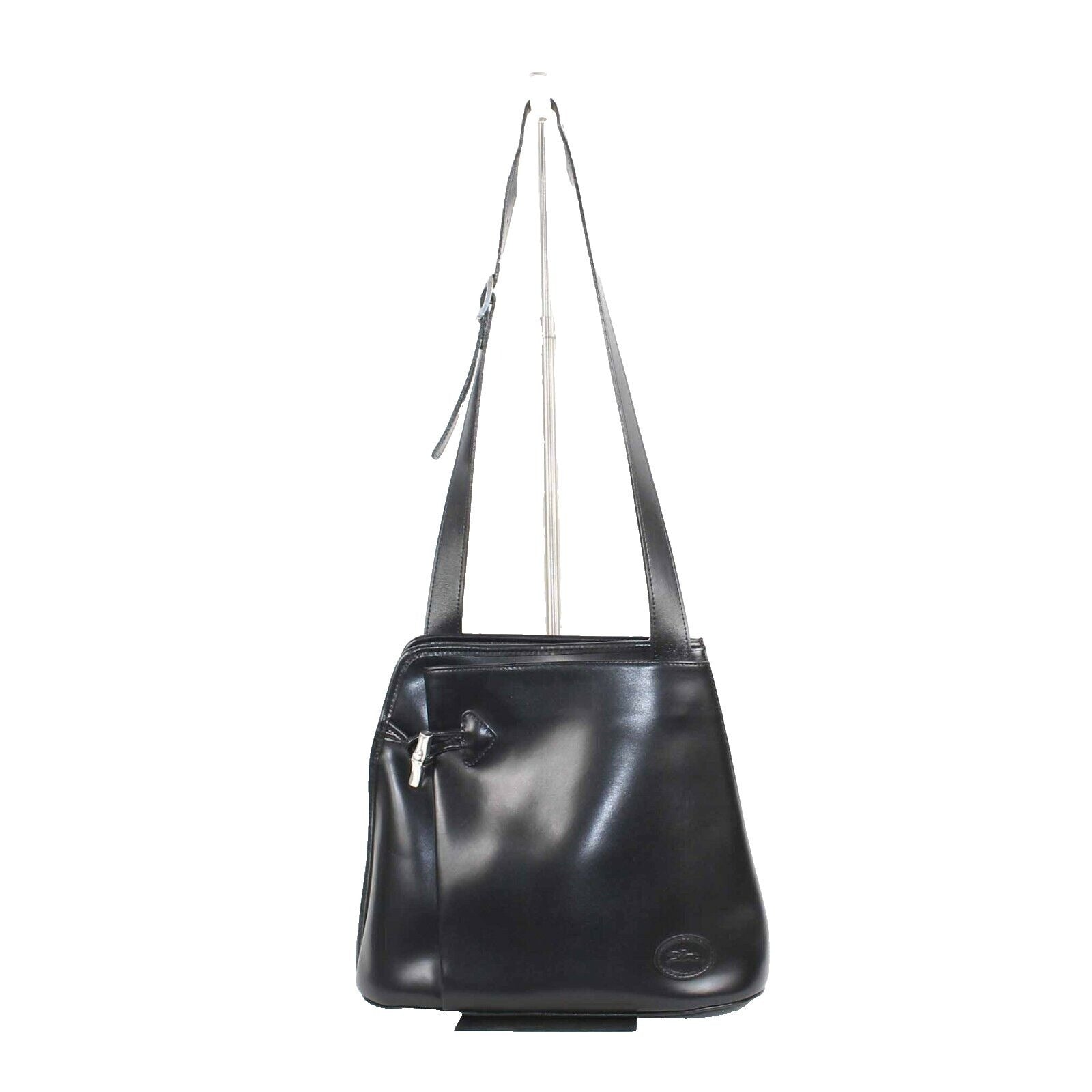Longchamp 12 x 10 x 4.25 Black Zip Top Toggle Detail Leather Shoulder Purse