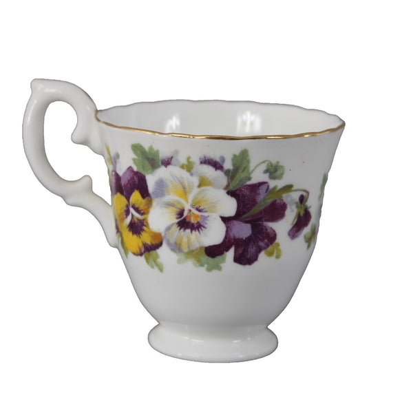 Crown Staffordshire Tea Cup 3" White Purple Pansy Floral Bone China Tea Cup