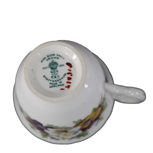 Crown Staffordshire Tea Cup 3" White Purple Pansy Floral Bone China Tea Cup