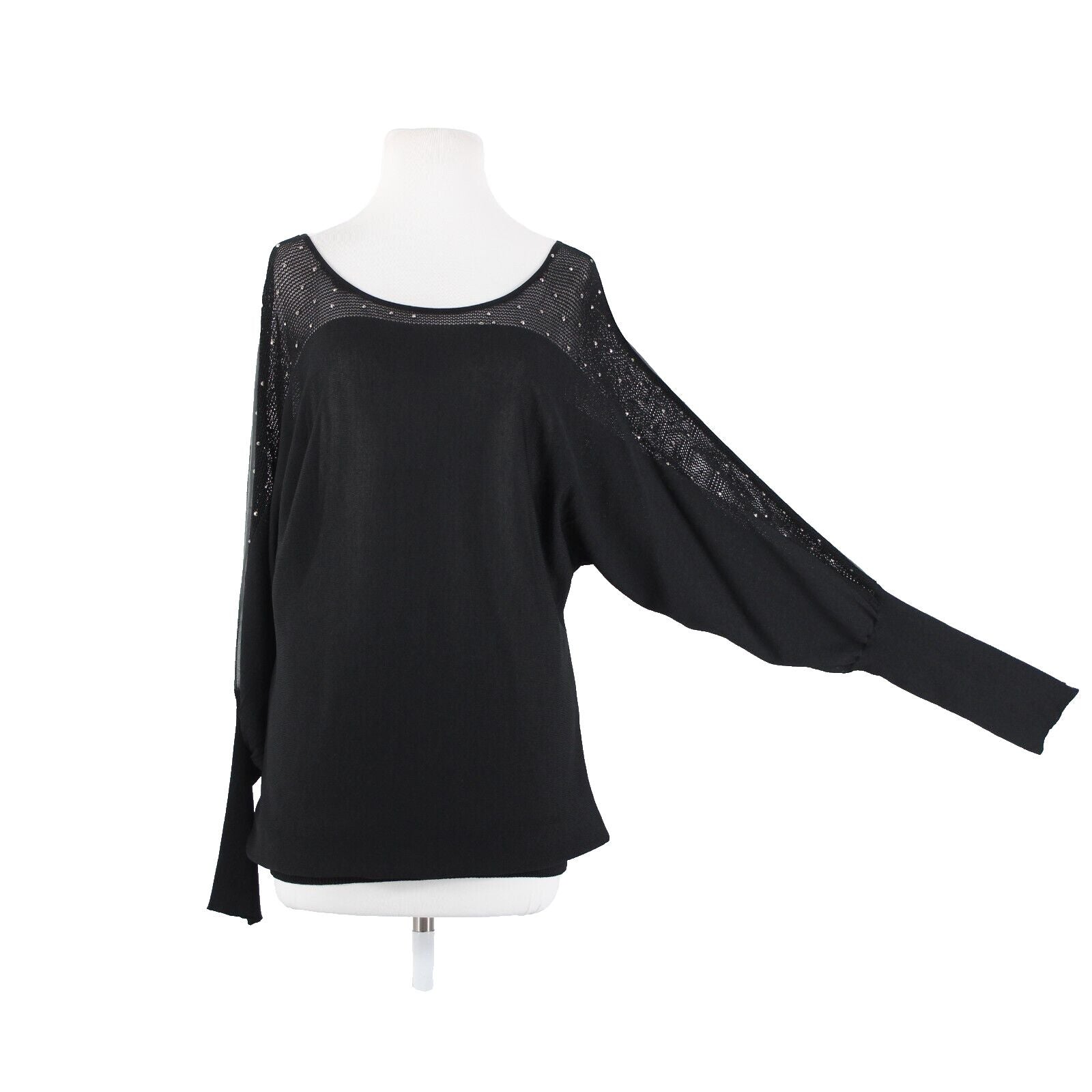 Frank Lyman Sz L Black Studded Mesh Eyelets Faux Leather  Rayon Polyester Top