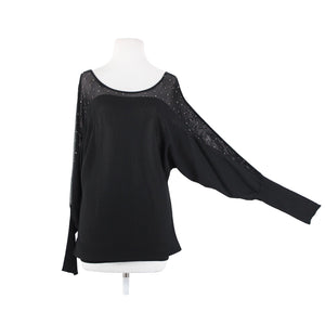 Frank Lyman Sz L Black Studded Mesh Eyelets Faux Leather  Rayon Polyester Top