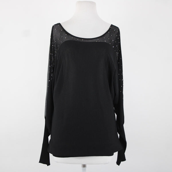 Frank Lyman Sz L Black Studded Mesh Eyelets Faux Leather  Rayon Polyester Top