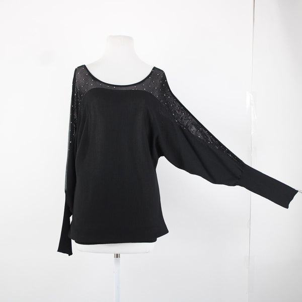 Frank Lyman Sz L Black Studded Mesh Eyelets Faux Leather  Rayon Polyester Top