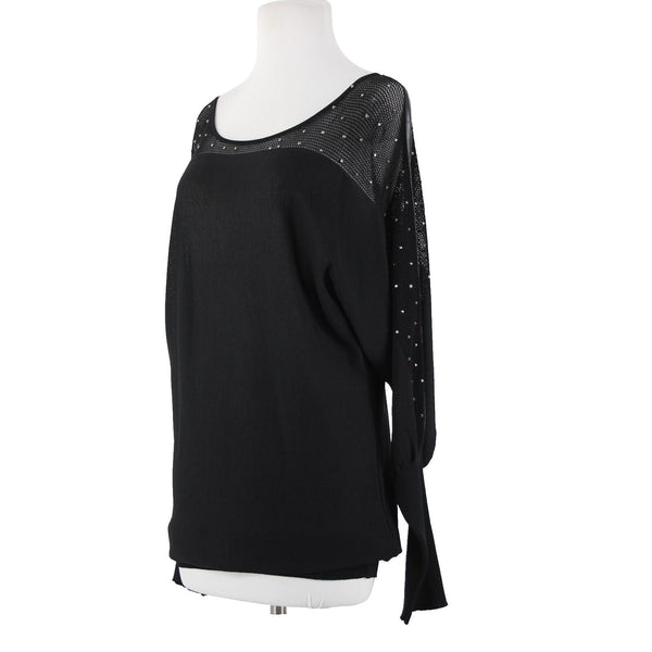 Frank Lyman Sz L Black Studded Mesh Eyelets Faux Leather  Rayon Polyester Top