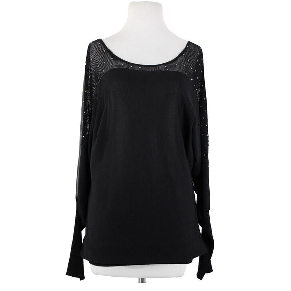 Frank Lyman Sz L Black Studded Mesh Eyelets Faux Leather  Rayon Polyester Top