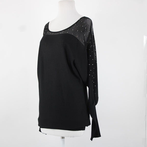 Frank Lyman Sz L Black Studded Mesh Eyelets Faux Leather  Rayon Polyester Top