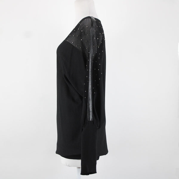 Frank Lyman Sz L Black Studded Mesh Eyelets Faux Leather  Rayon Polyester Top