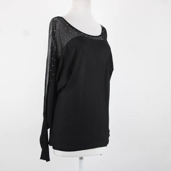 Frank Lyman Sz L Black Studded Mesh Eyelets Faux Leather  Rayon Polyester Top