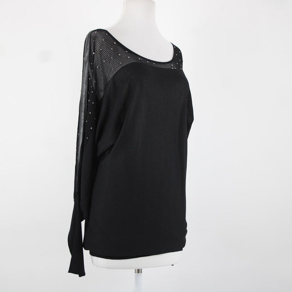 Frank Lyman Sz L Black Studded Mesh Eyelets Faux Leather  Rayon Polyester Top