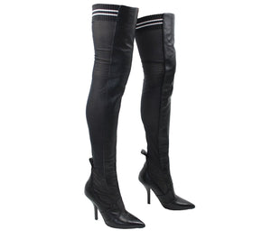 Fendi Rockoko Sz 38 Black White Leather Sheer Mesh Thigh High 4" Stiletto Boots