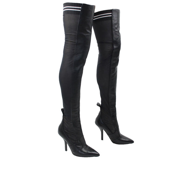 Fendi Rockoko Sz 38 Black White Leather Sheer Mesh Thigh High 4" Stiletto Boots