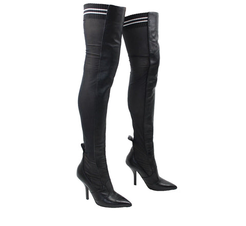 Fendi Rockoko Sz 38 Black White Leather Sheer Mesh Thigh High 4" Stiletto Boots