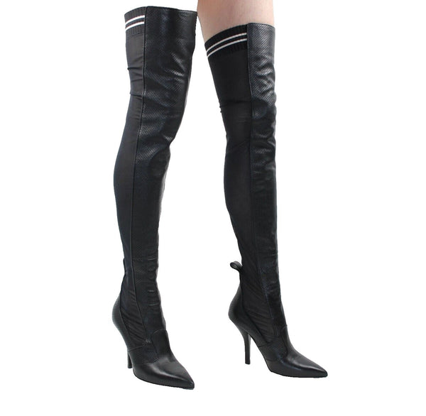 Fendi Rockoko Sz 38 Black White Leather Sheer Mesh Thigh High 4" Stiletto Boots