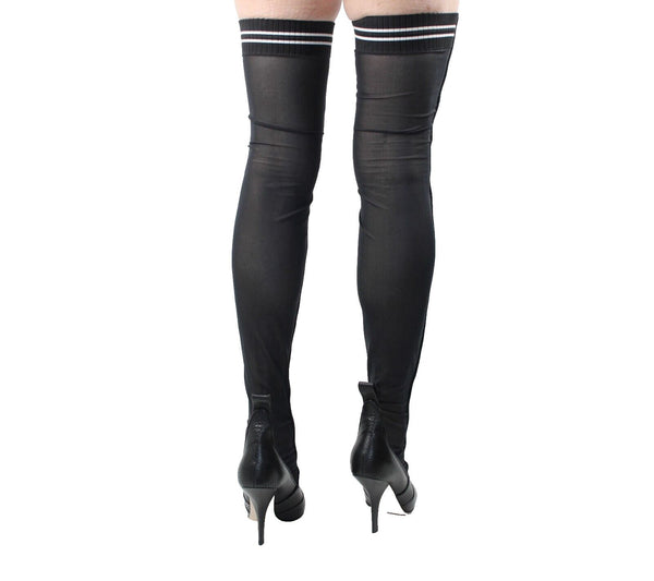 Fendi Rockoko Sz 38 Black White Leather Sheer Mesh Thigh High 4" Stiletto Boots