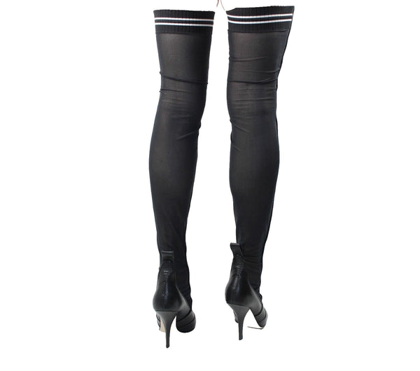 Fendi Rockoko Sz 38 Black White Leather Sheer Mesh Thigh High 4" Stiletto Boots