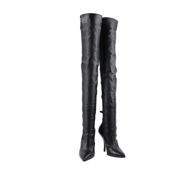 Fendi Rockoko Sz 38 Black White Leather Sheer Mesh Thigh High 4" Stiletto Boots