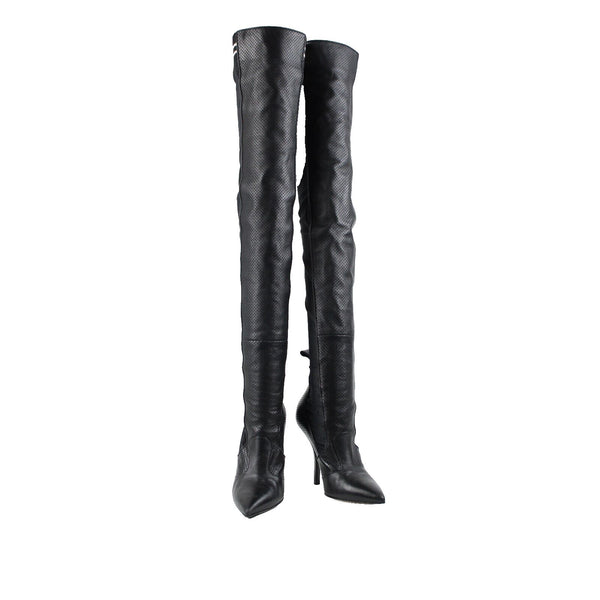 Fendi Rockoko Sz 38 Black White Leather Sheer Mesh Thigh High 4" Stiletto Boots