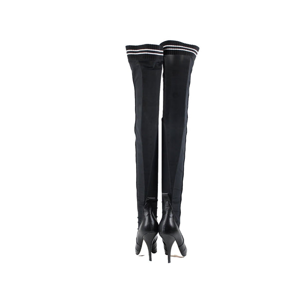 Fendi Rockoko Sz 38 Black White Leather Sheer Mesh Thigh High 4" Stiletto Boots