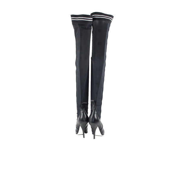 Fendi Rockoko Sz 38 Black White Leather Sheer Mesh Thigh High 4" Stiletto Boots