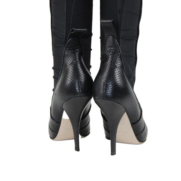 Fendi Rockoko Sz 38 Black White Leather Sheer Mesh Thigh High 4" Stiletto Boots