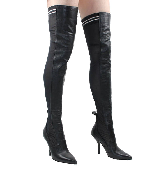 Fendi Rockoko Sz 38 Black White Leather Sheer Mesh Thigh High 4" Stiletto Boots
