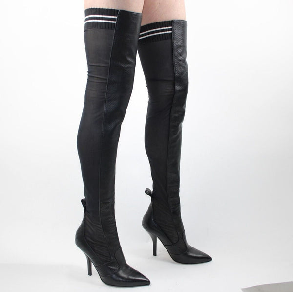 Fendi Rockoko Sz 38 Black White Leather Sheer Mesh Thigh High 4" Stiletto Boots