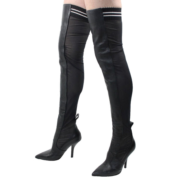Fendi Rockoko Sz 38 Black White Leather Sheer Mesh Thigh High 4" Stiletto Boots