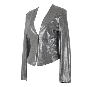 Trouve Sz S Metallic Dark Silver Padded Shoulders Cotton Polyester Crop Jacket