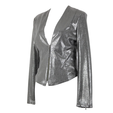 Trouve Sz S Metallic Dark Silver Padded Shoulders Cotton Polyester Crop Jacket