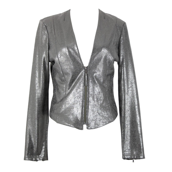 Trouve Sz S Metallic Dark Silver Padded Shoulders Cotton Polyester Crop Jacket