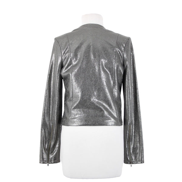 Trouve Sz S Metallic Dark Silver Padded Shoulders Cotton Polyester Crop Jacket
