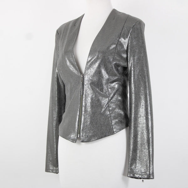 Trouve Sz S Metallic Dark Silver Padded Shoulders Cotton Polyester Crop Jacket