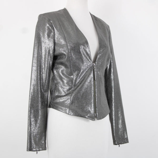 Trouve Sz S Metallic Dark Silver Padded Shoulders Cotton Polyester Crop Jacket