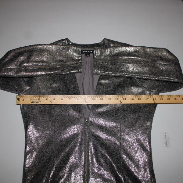 Trouve Sz S Metallic Dark Silver Padded Shoulders Cotton Polyester Crop Jacket
