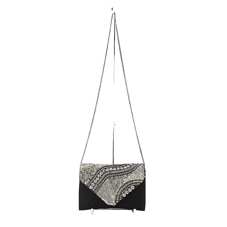 Ecote Black Suede Silver Distressed Bead Sequin Flap Purse w Chain Strap