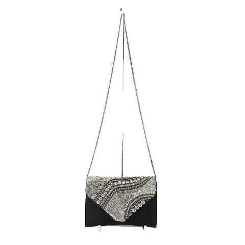 Ecote Black Suede Silver Distressed Bead Sequin Flap Purse w Chain Strap
